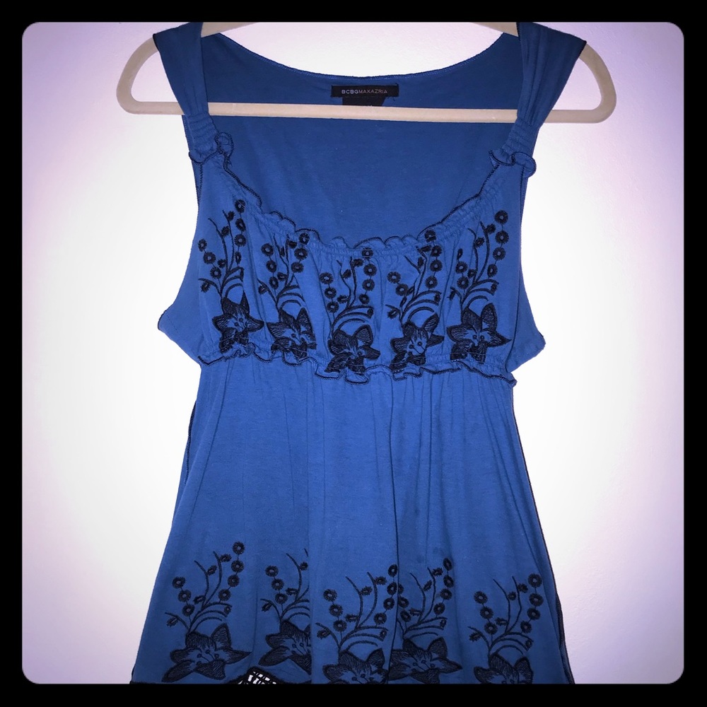 BCBGmaxazria blue tank with black crochet detail
